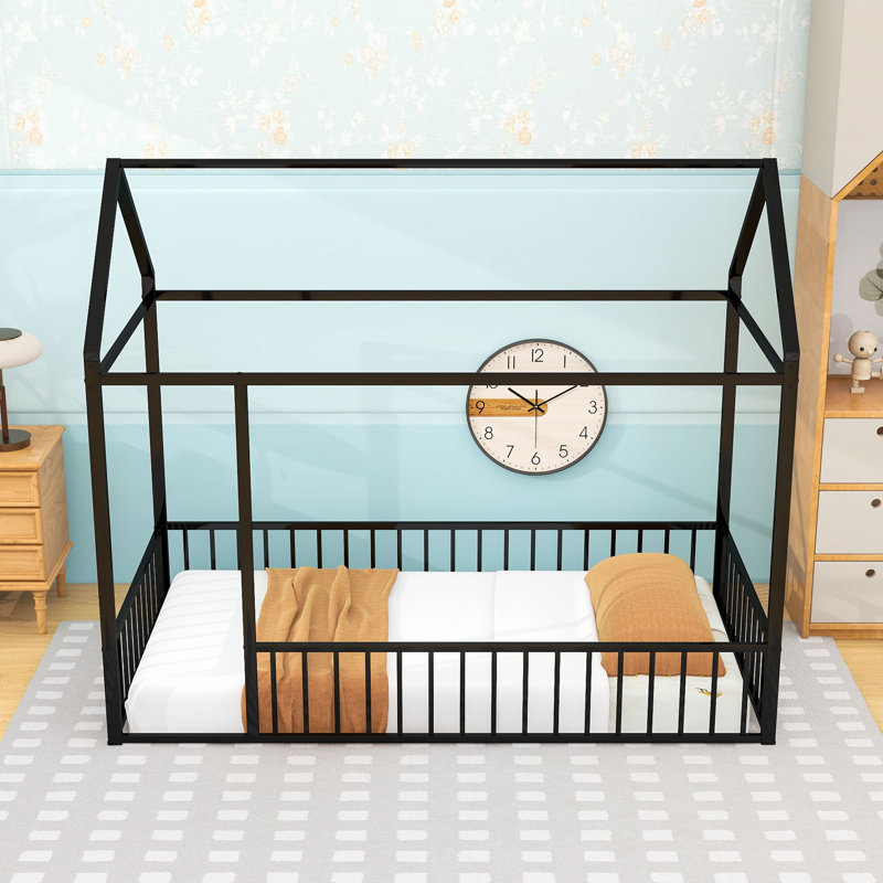 Twin Metal House Bed With Roof And Guardrails, Black