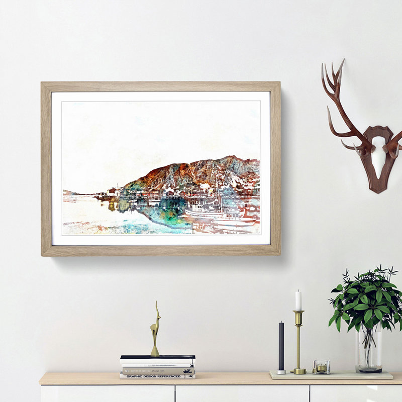Docked Boats in Ballstad Norway in Abstract - Picture Frame Painting Print, 27cm H x 36cm W x 2cm D, Oak Framed