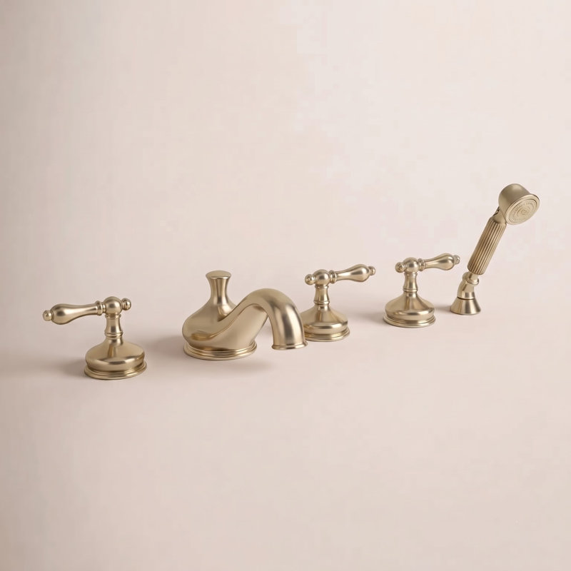 Restoration Deck Roman Tub Faucet with Hand Shower, Polished Brass