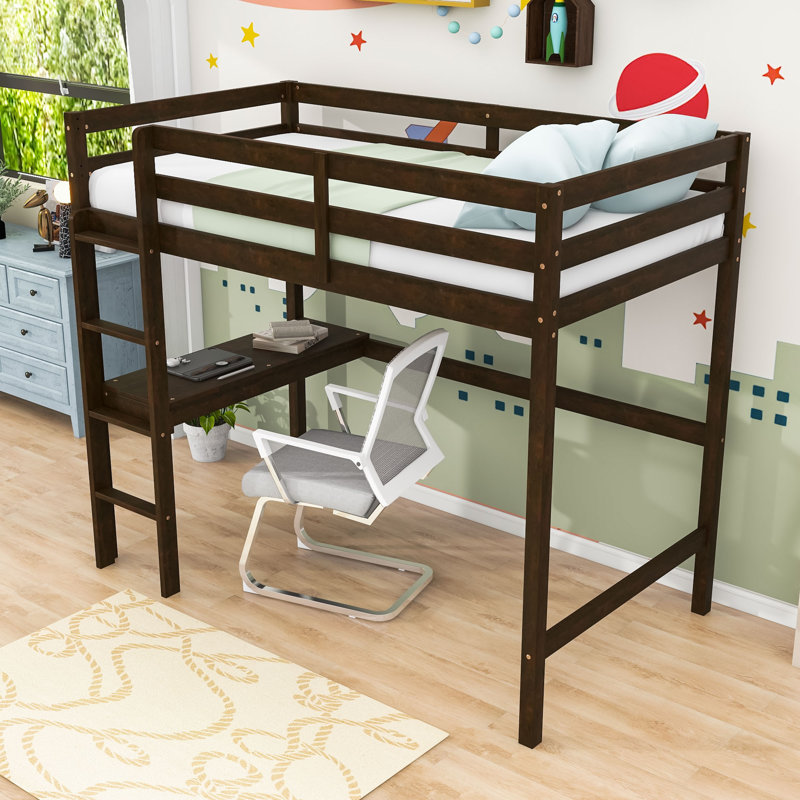 Twin Wood High Loft Bed With Desk And Safety Features, Espresso