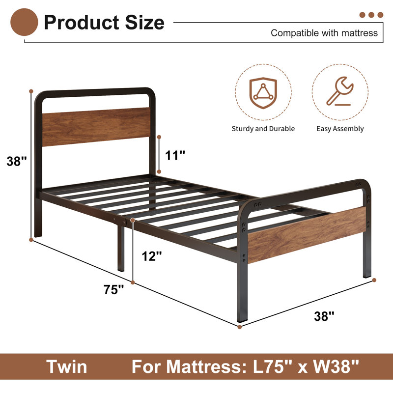 12 Inch Bed Frame with Wood Headboard and Footboard, Twin
