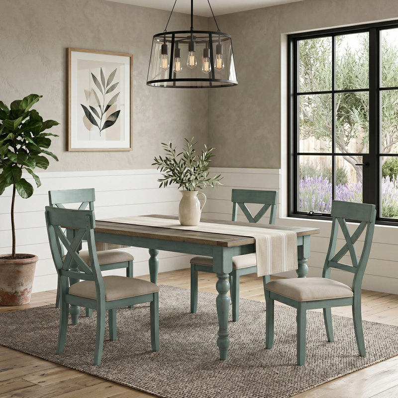 Cierra Four Leg Dining Set, 5 Pieces: 1 Table, 4 Chairs, Blue