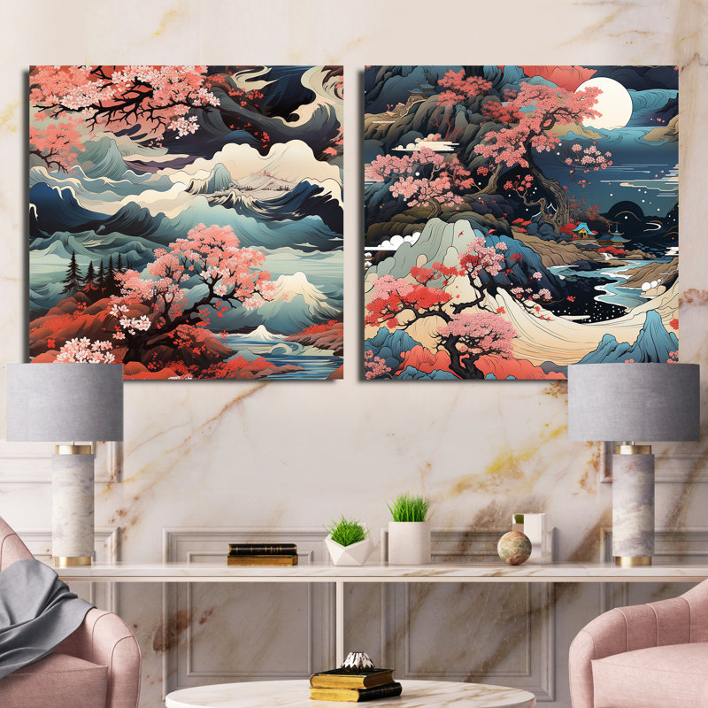 Mountain Ukiyo E - Paysages abstraits, ensemble de 2 carrés carrés, Toile tendue, H 36 po x l 73 po