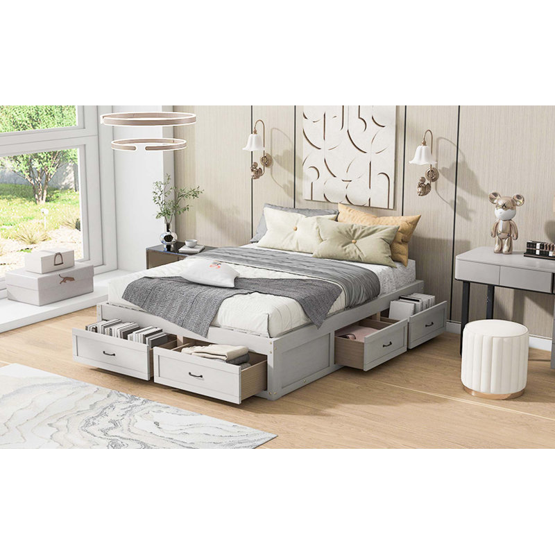 Lit plateforme avec 6 tiroirs de rangement, Blanc antique, Grand