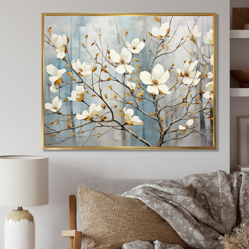«White Dogwood Blossom Dreams I», reproduction sur toile, Cadre flottant doré, H 30 po x l 40 po x P 1,5 po