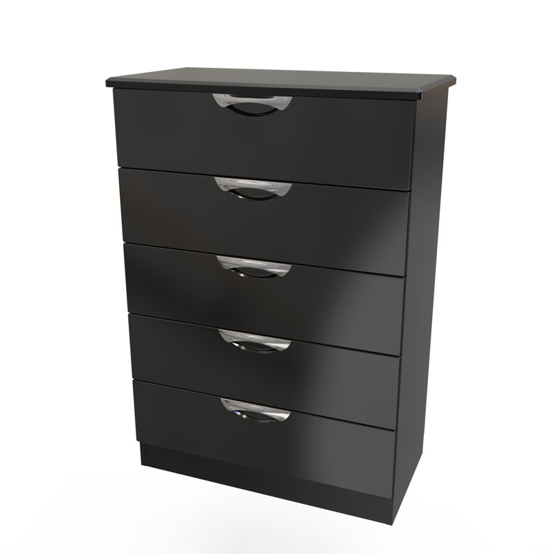 Fully Assembled Leodis 5 - Drawer Chest of Drawers, Black Gloss