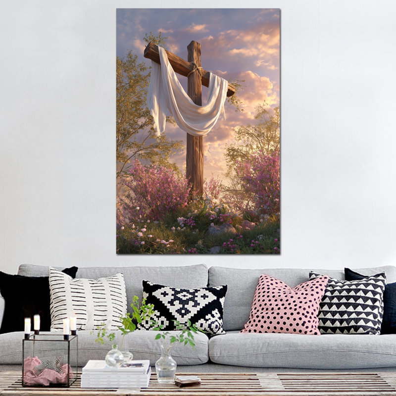  Grand art mural de Pâques - toile de printemps, décoration murale, œuvre d'art religieuse chrétienne pour la maison, peinture tendue avec cadre en pin, 32 po x 48 po