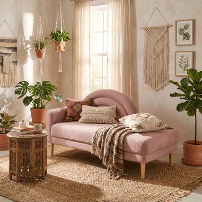 Linen Upholstered Chaise Lounge Sofa Indoor with Rainbow-Inspired Backrest & Armrest & Sturdy Wood Frame, Pink