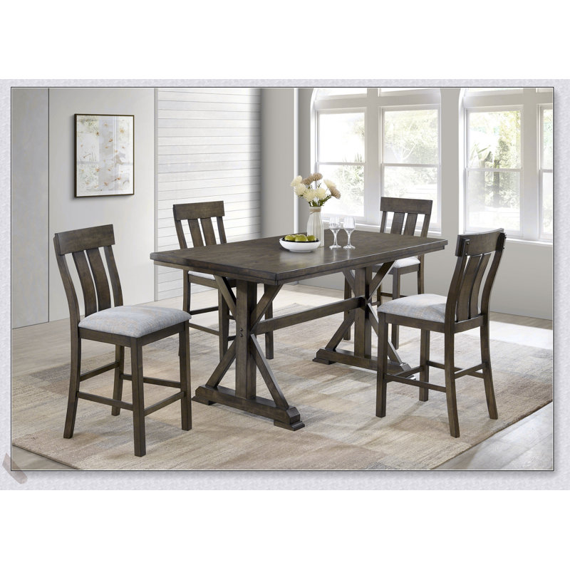 Ensemble de salle à manger à hauteur de comptoir 5 pièces avec base à tréteaux robustes, chaises rembourrées et finition en bois riche pour un charme rustique