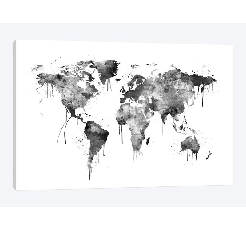« aquarelle map of the world map, gray scale » par michael tompsett, impression sur toile, H 24 po x l 32 po x P 1 po, Blanc