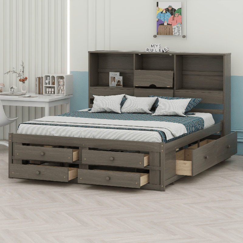 Platform Bed With Storage Headboard, Gray