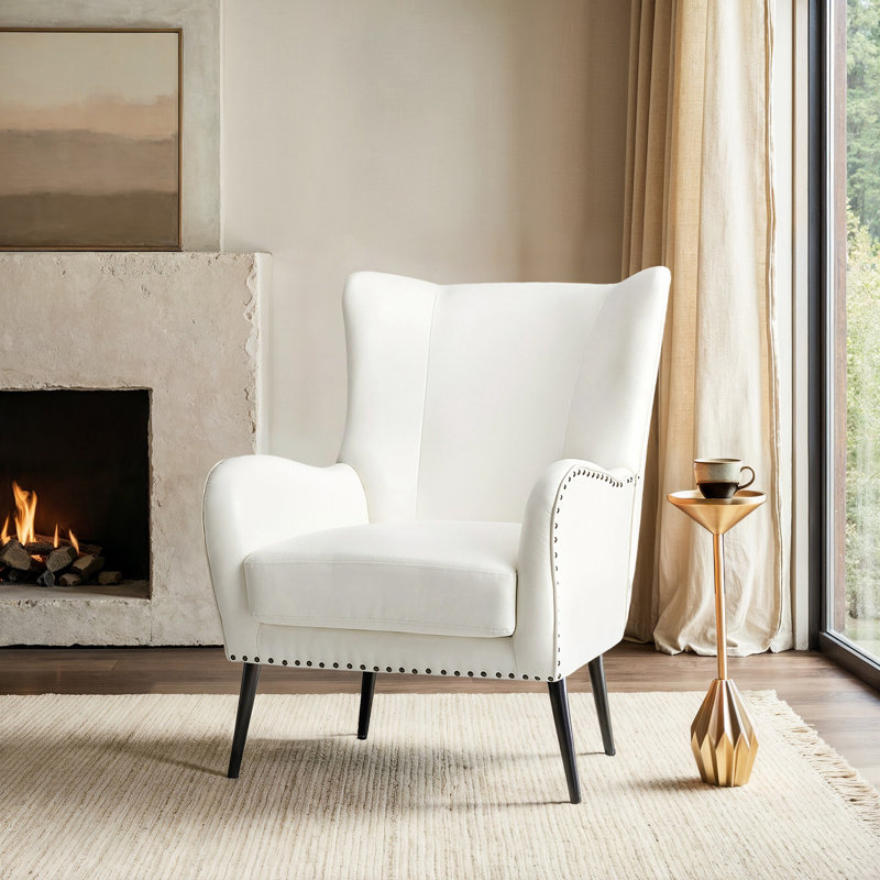 Atalyia 30" W Faux Leather Wingback Armchair with Nailhead Trim, Ivory Faux Leather