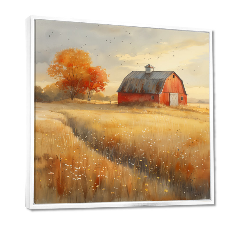 Jaune jaune brun, campagne d'automne, grange I - art mural de grange, Toile encadrée flottée blanche