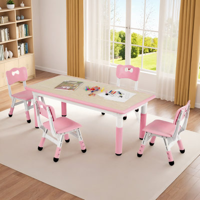 Kids Table and 4 Chair Set, Height Adjustable Toddler Table and Chair Set, Non-Slip Legs, Graffiti Desktop, Large Children Activity Table