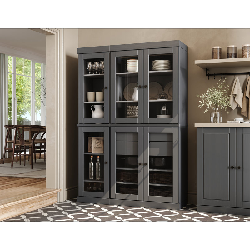 100% Solid Wood 48.5" Pantry China Cabinet with Clear Glass Doors, 2-Drawers and Adjustable Shelves, Gray
