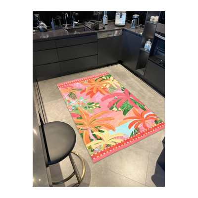 Tapis à motif de palmiers et de mer de couleur rose