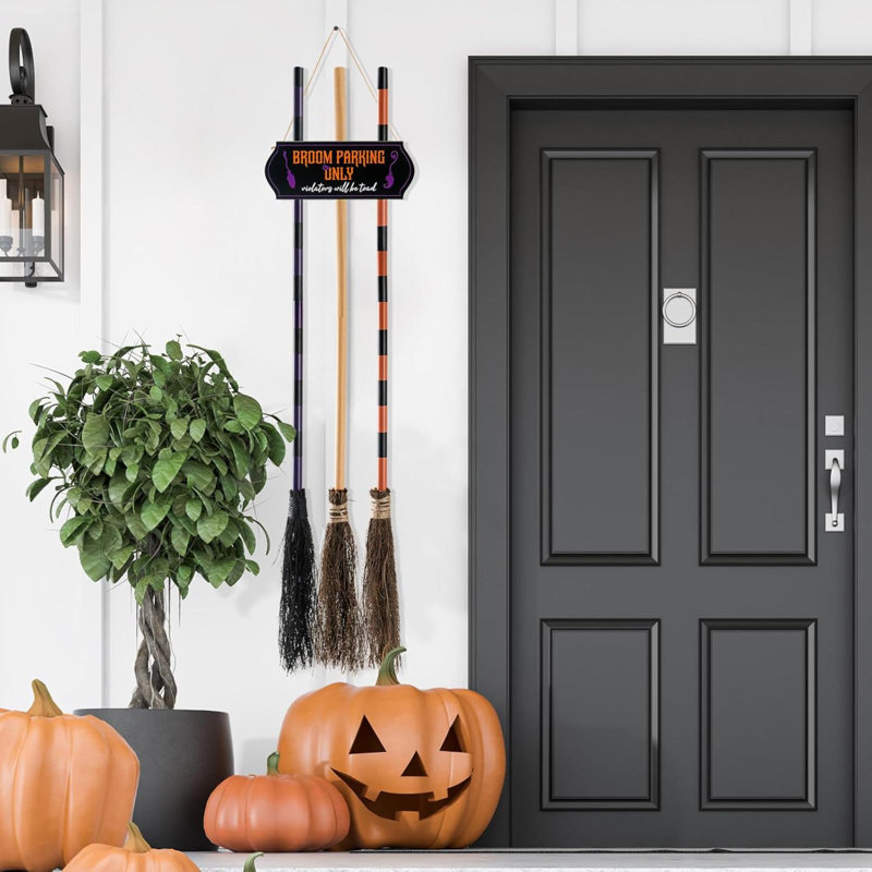 Porche - Décorations d'Halloween - Panneau de balai avec 3 sorcières en bois
