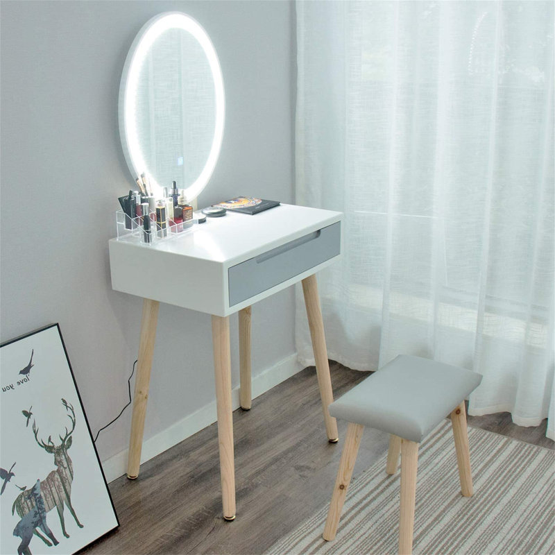 Dressing Table Set With Adjustable LED Light Mirror, 1 Drawer, Padded Stool And Free Cosmetics Organizer