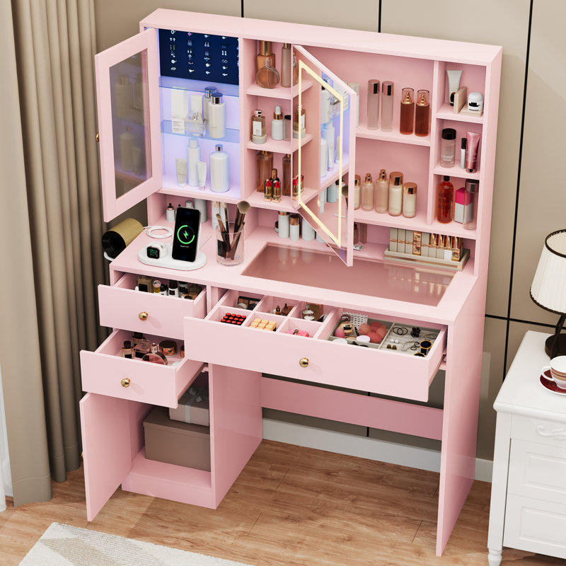 Bureau de coiffeuse avec miroir et lumière, Rose