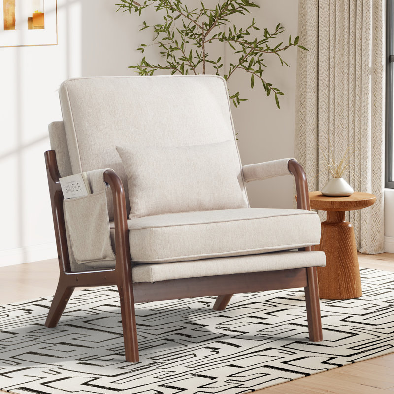 25.4'' Wide Classical Soft Upholstered Solid Wood Armchair With Side Storage Pocket, Beige, 5
