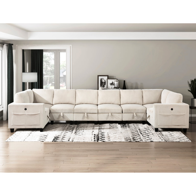 Beige Corduroy 8 Sectional With Storage, Charging Ports, Side Pockets & Solid Wood Construction Couch Storage Seats, Pockets, Ports In