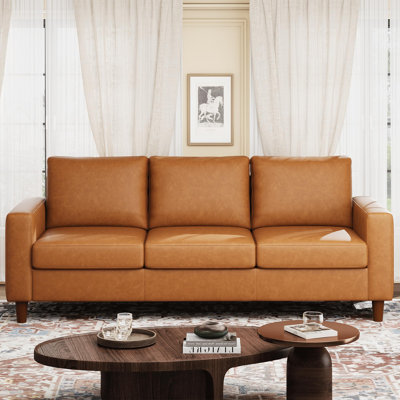 Leather Sofa, 83 in Mid-Century Modern Couch, 3 Seater Sofa with Armrests and Comfy Cushions, Deep Seat Sofas for Living Room, Bedroom, Office