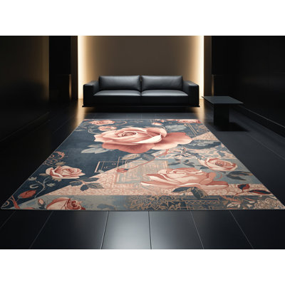 Tapis floral rose Oyan Rose Florentiner lavable à la machine - reliure grise