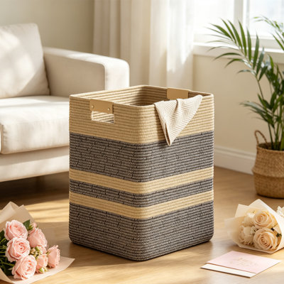 Large Woven Laundry Hamper Basket With Leather Handles - Natural Cotton Rope Storage Organizer For Clothes, Toys, Blankets & Pillows | Collapsible Multi-Use Bin For Nursery, Bedroom, Laundry Room
