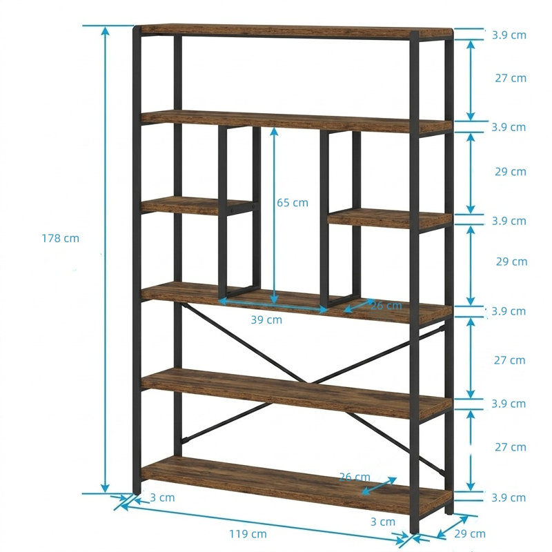 Rustic Industrial 6-Tier Bookshelf - Metal Wood Display Etagere