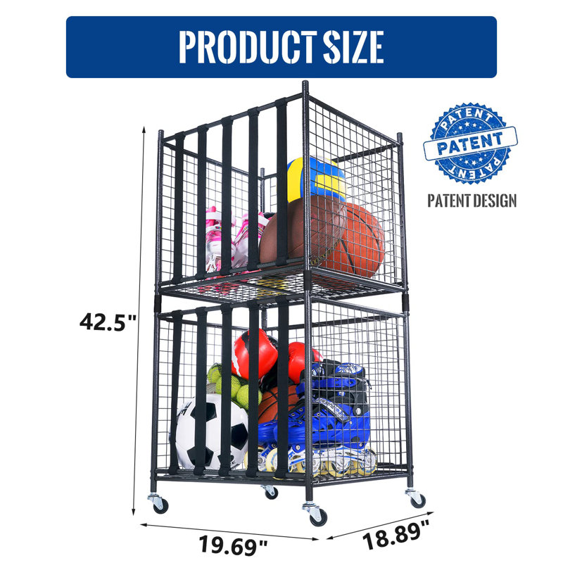 Ball Storage Locker With Elastic Straps, Stackable Ball Cage For Garage Storage Garage Organizer