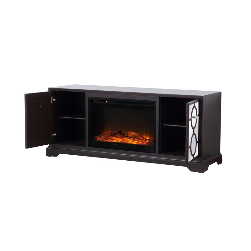 Meuble télé en bois massif pour téléviseur de 60 po ou moins avec foyer électrique inclus, Noyer foncé