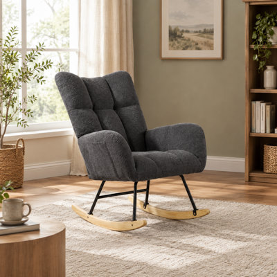 Fauteuil à bascule en tissu doux effet peluche avec dossier à oreilles et rangement latéral, fauteuil d'allaitement confortable avec base en bois massif pour chambre d'enfant, salon et chambre à coucher