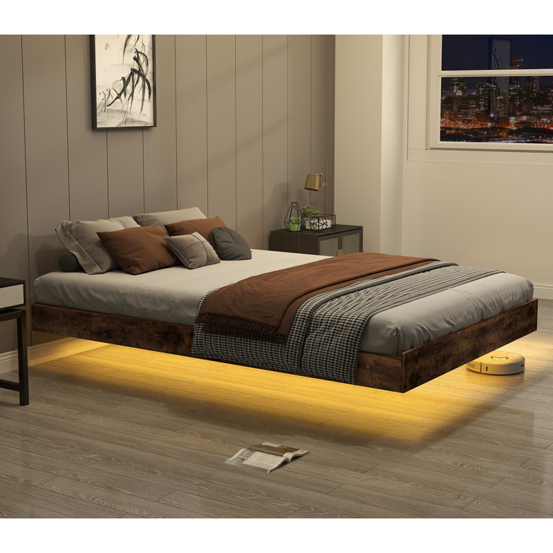 Floating Bed Frame with LED Lights Metal Slats Underbed Storage Space No Box Spring