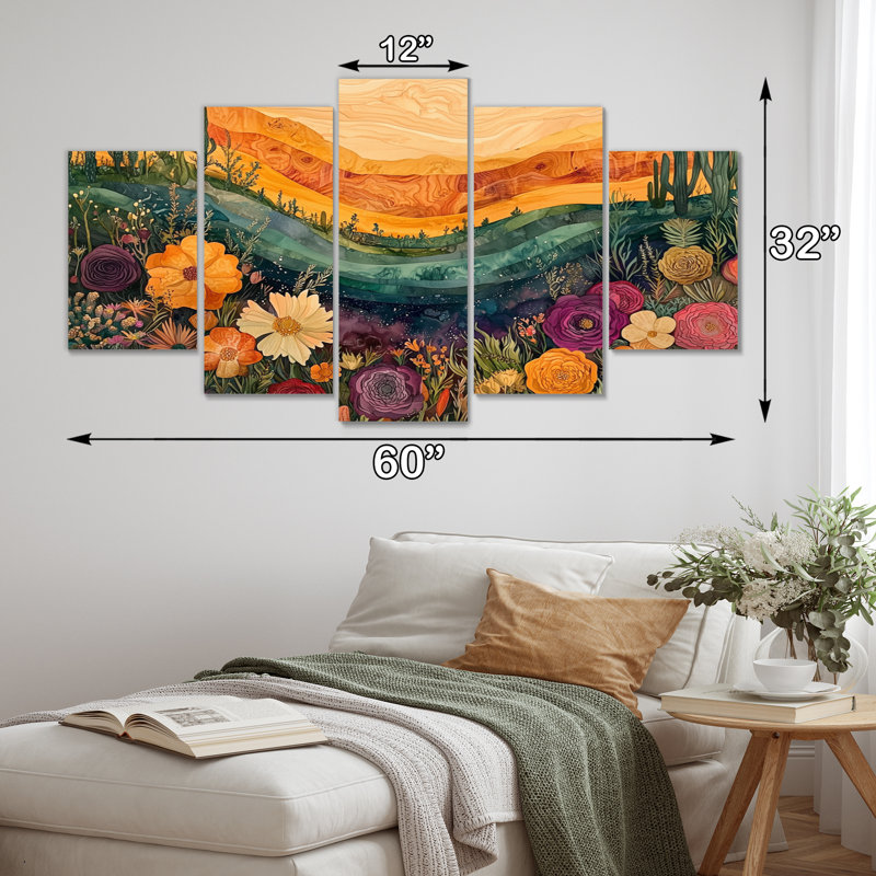 Beddingfield - Wildflowers Wall Art - Art mural traditionnel pour le salon, 5 pièces