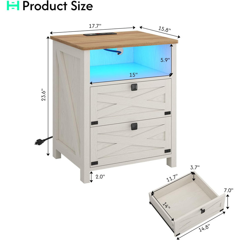 Farmhouse Night Stand For Bedroom, Rustic Vintage Nightstand With Charging Station And Led Lights, Bedside Table With 2 Drawers And Open Cubby, Retro Side End Side With Storage