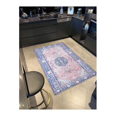 Washable Traditional Themed Blue Pink Colored Decorative Area Rug
