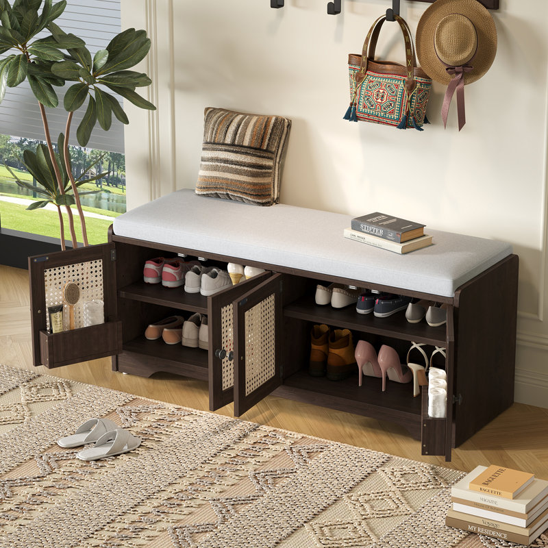 TREXM Rustic Storage Bench Multifunctional Wood Entryway Shoe Bench With Removable Cushion, Espresso