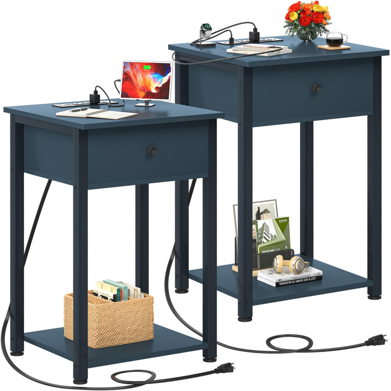 Ensemble de tables de bout et prises encastrées Ekhard, Bleu foncé, Bleu foncé