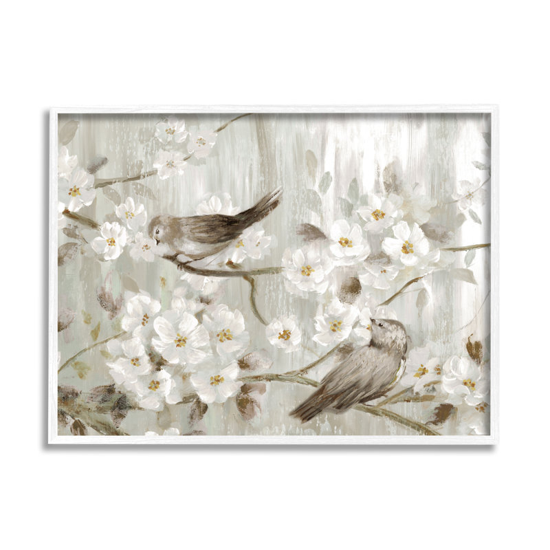 «Birds On Spring Blossom Tree Branches Farmhouse», peinture sur toile tendue par Nan, Cadre blanc