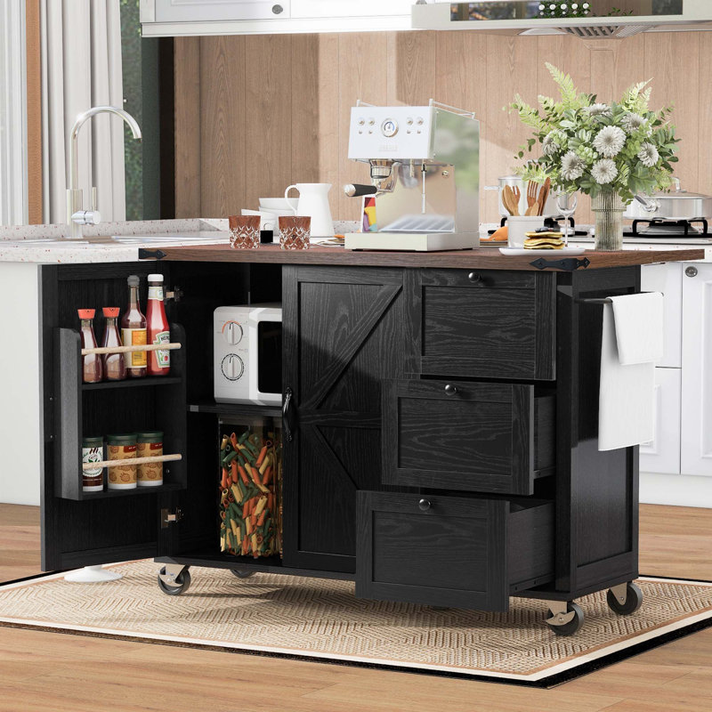 54.5" Farmhouse Kitchen Island With Power Outlet, Kitchen Storage Island  With Internal Storage Rack, Drop Leaf, Black