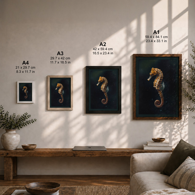 Seahorse in Depths Coastal - Framed Print, Oak, A4 - 29.7 x 21.0 cm