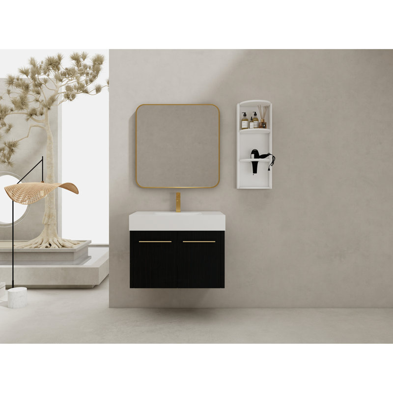 Meuble-lavabo de 30 po avec lavabo en résine épaisse, armoire en châtaignier noir, rangement à trois murs, meuble-lavabo à fermeture silencieuse et silencieuse, espace de rangement supplémentaire à bords, charnières