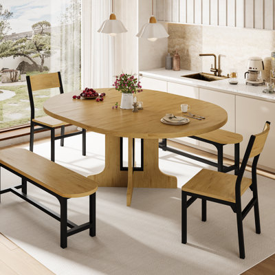 5-piece Round Dining Table Set For 4-6,59" Extendable Kitchen Table With 2 Ergonomic Chairs & 2 Benches,oval Modern Dining Room Table With Mdf Board