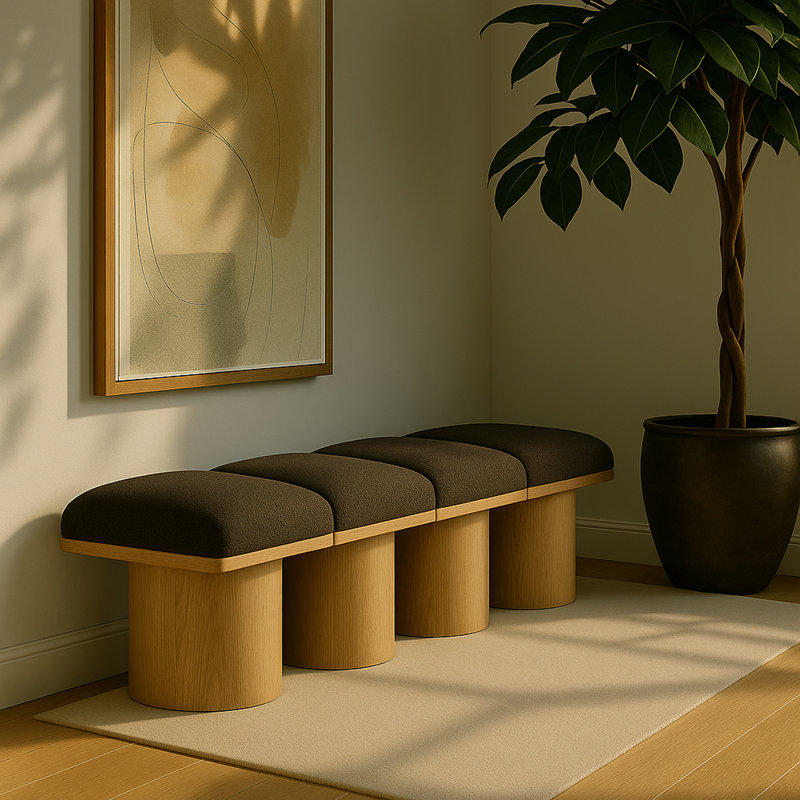 Banc rembourré Horatia, H 17,5 po x l 62 po x P 18 po, Naturel, Tissu brun bouclé