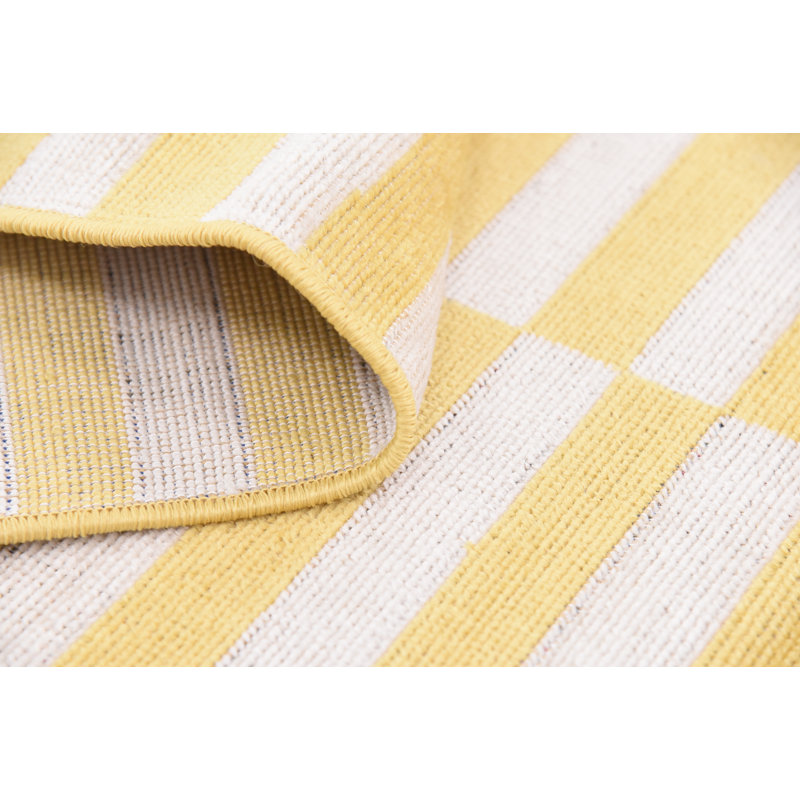 Tapis rayé ivoire / noir Arzilla, Jaune, Rond 5 pi 3 po