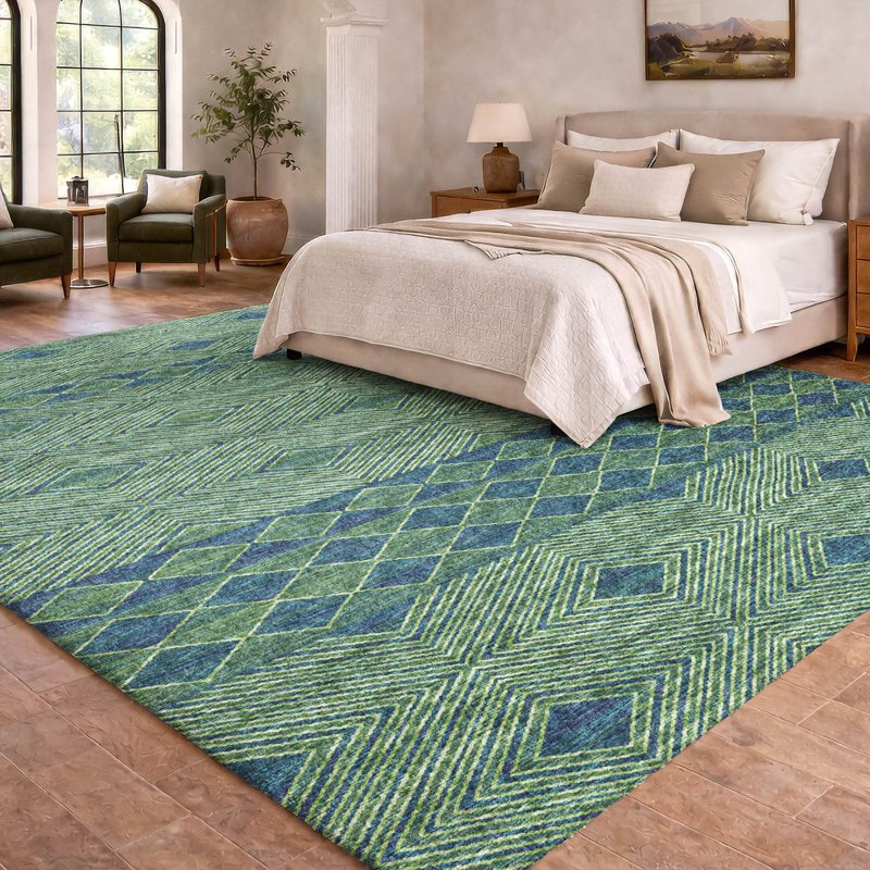 Tapis à losanges de qualité supérieure lavable à la machine ADS107, Vert, 5 pi x 7 pi 6 po