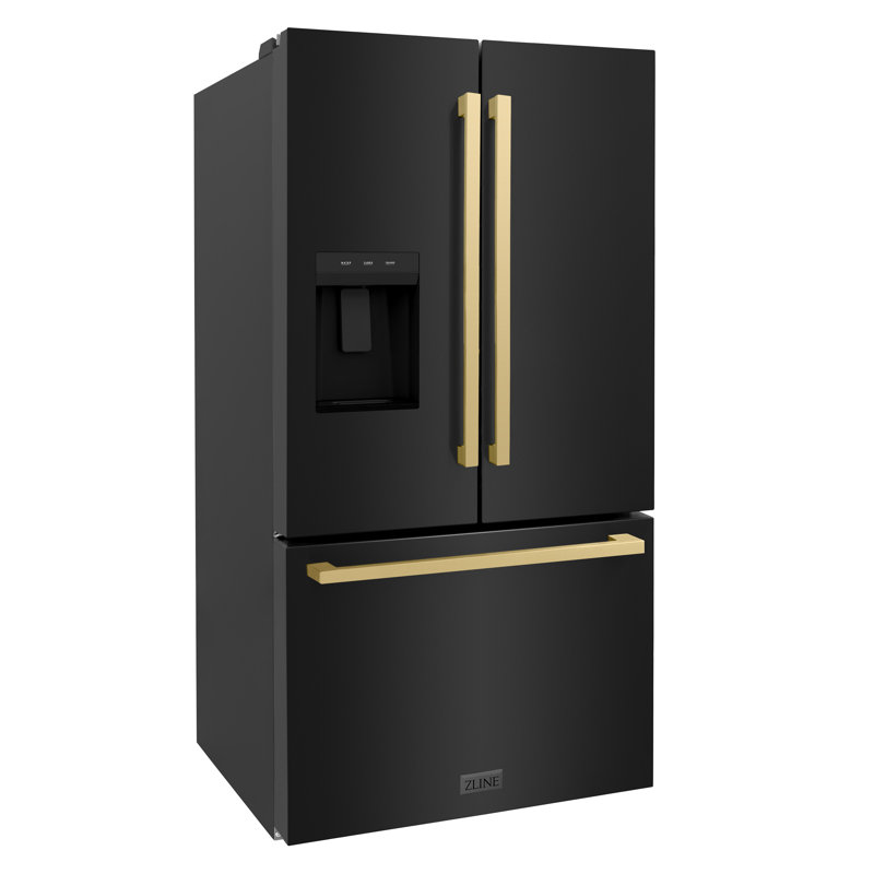 ZLINE Autograph Edition 36 in. 28.9 cu. ft. Standard-Depth French Door External Water Dispenser Refrigerator with Dual Ice Maker in Fingerprint-Resistant Stainless Steel and Champagne Bronze Modern Handles