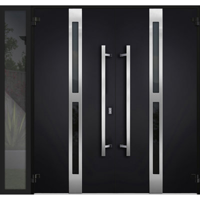 Porte d'entrée extérieure double prémontée en métal, modèle Deux 1755, émail noir, vitrage teinté noir, imposte latérale, style moderne, peinte, ouverture vers l'intérieur à droite, dimensions : 84 x 80 pouces.