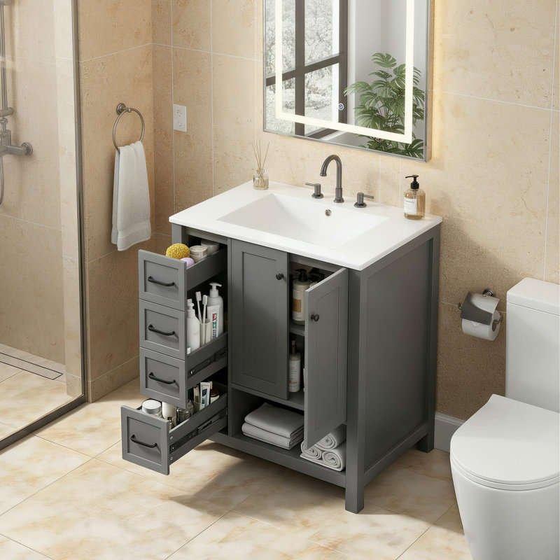Meuble-lavabo simple 30 po avec comptoir d'évier Farmhouse, armoire autoportante avec 2 portes, 2 tiroirs et tablette ouverte, bois massif et panneau de fibres à densité moyenne, gris