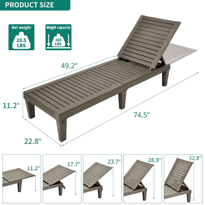 Méridiennes d'extérieur avec dossier réglable, chaises de patio multifonctionnelles faciles à assembler et chaises longues de piscine légères et imperméables d'une capacité de 265 lb - Brun